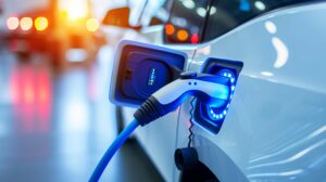 Electric car charging at station with plugged power cable infrastructure for ev vehicle in city