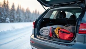 Black SUV parked on snowy road with open trunk, revealing winter car kit contents red jumpsuit, black backpack on passenger. Snow-covered trees and tranquil forest in background.