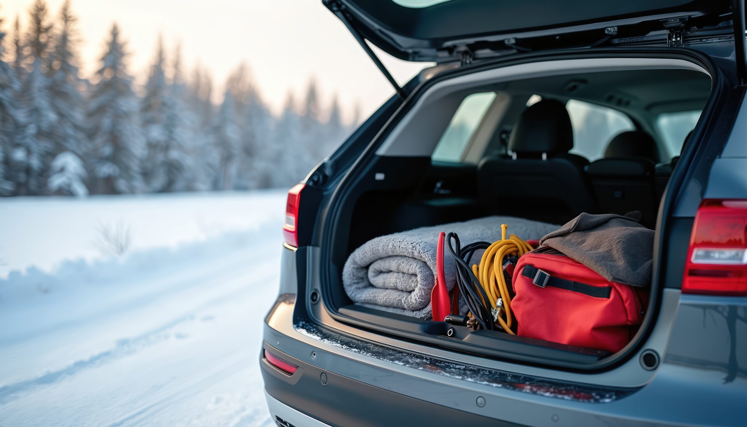 Black SUV parked on snowy road with open trunk, revealing winter car kit contents red jumpsuit, black backpack on passenger. Snow-covered trees and tranquil forest in background.