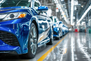 Row of shiny new blue sedans lined up in a spacious, brightly lit modern automobile manufacturing facility with polished floors and industrial equipment in view